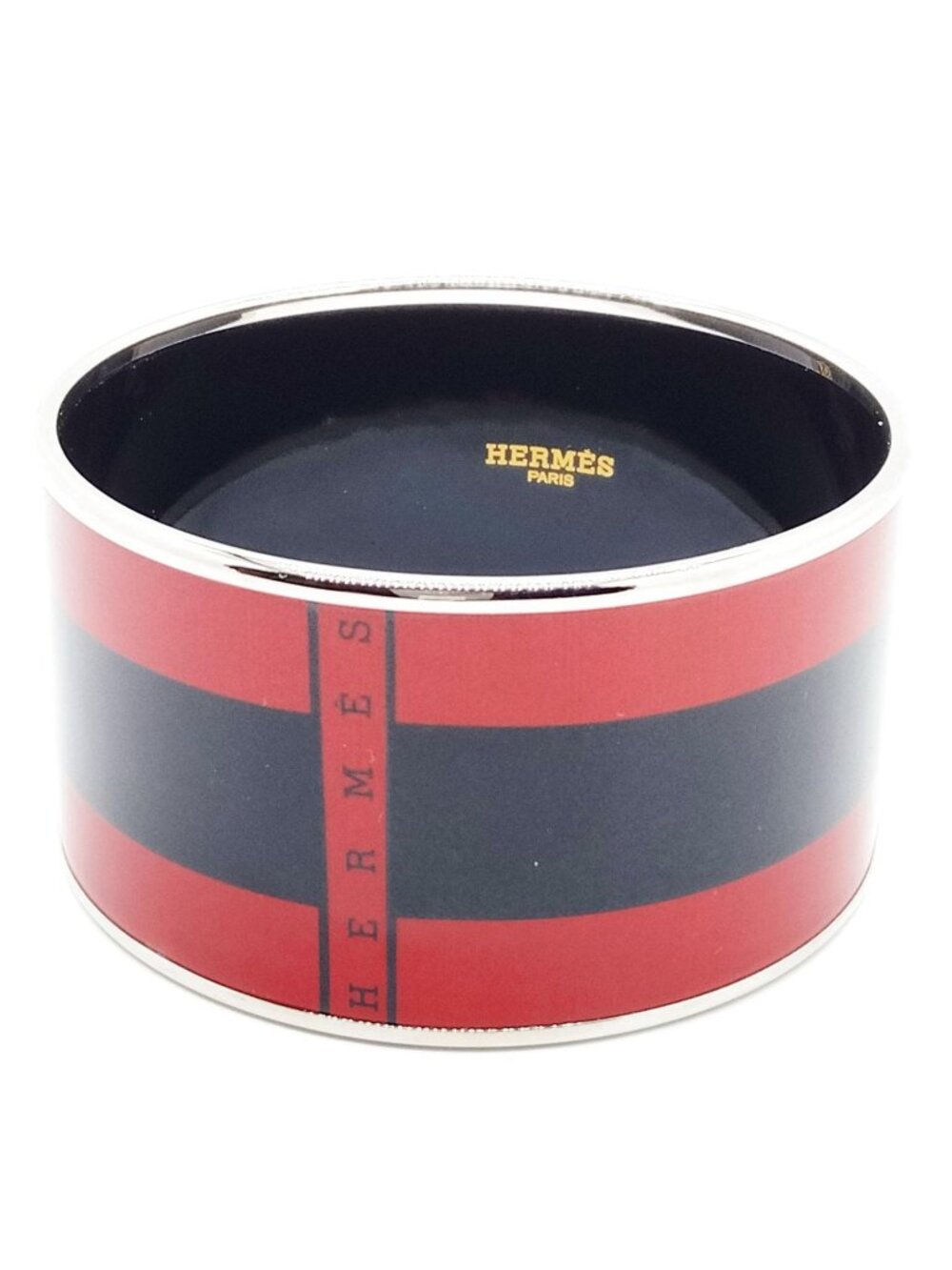 Authentic Hermès Paris Red & Black Enamel Wide Bangle Bracelet Silver Tone - Picture 2 of 10